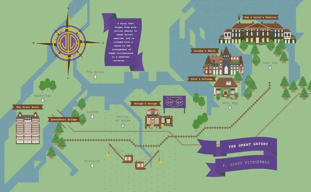 Wielki Gatsby mapa Long Island East West Egg